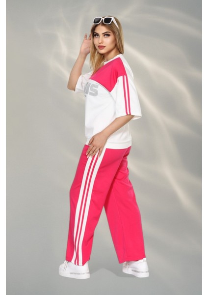 Paris Temalı Kumaş Yumşak Dokulu Yan Şeritli Bluz ve Pantolon Alt Üst Takım - Pembe modelleri