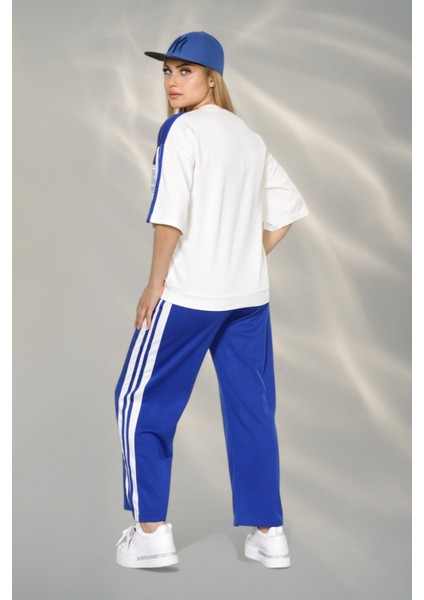 Paris Temalı Kumaş Yumşak Dokulu Yan Şeritli Bluz ve Pantolon Alt Üst Takım - Sax Mavisi