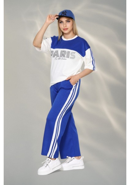 Paris Temalı Kumaş Yumşak Dokulu Yan Şeritli Bluz ve Pantolon Alt Üst Takım - Sax Mavisi fiyatları