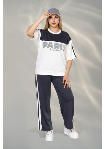 Paris Temalı Kumaş Yumşak Dokulu Yan Şeritli Bluz ve Pantolon Alt Üst Takım - Füme fiyatları