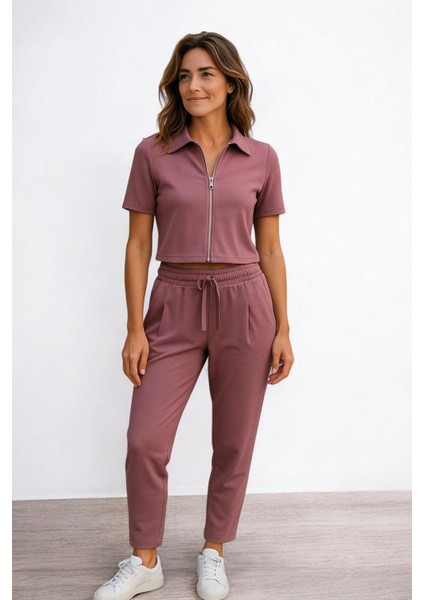 Kadın Rahat Kesim Fermuarlı Kısa Kollu Crop Lastikli Eşofman Takımı -Ikili Set - Gül Kurusu