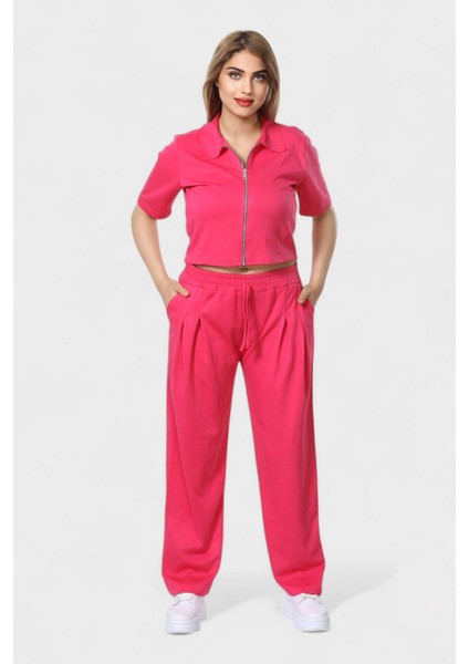 Polo Yaka Ferumar Detaylı Cepli Pamuklu Tüylenmez Rahat Kalıp Bluz ve Pantolon Takım - Pembe