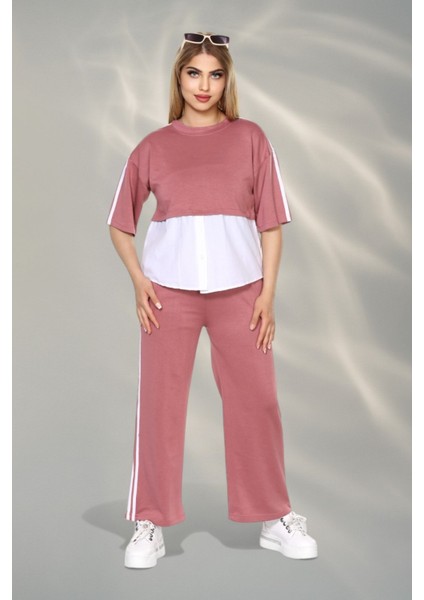 Kadın Spor-Şık Takım – Düğme Detaylı Üst & Yan Şeritli Pantolon - Gül Kurusu