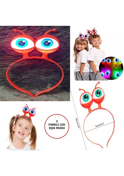 LED Işıklı &amp; Pilli 3 Farklı Modda Yanan Uzaylı Göz Parti Tacı Kırmızı Renk 18X12 cm