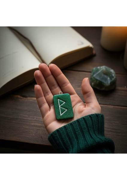Yeşil Reçine Berkana Rune Kolye Ucu – El Yapımı Viking Sembolü – Yenilenme ve Dişil Enerji Amuleti – Spiritüel Takı