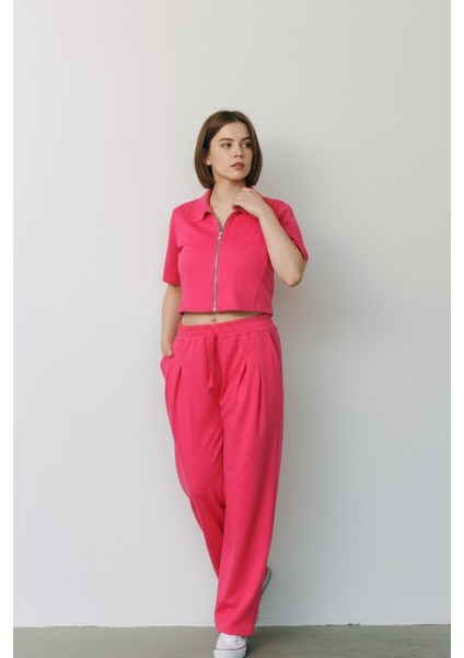 Kadın Fermuarlı Crop Üst & Beli Lastikli Pensli Rahat Kesim Ikili Takım - Pembe indirimleri