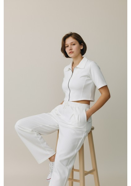 Kadın Fermuarlı Crop Üst & Beli Lastikli Pensli Rahat Kesim Ikili Takım - Beyaz fiyatları