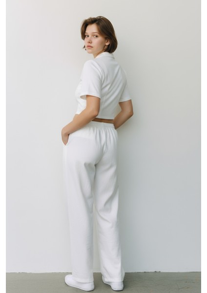 Kadın Fermuarlı Crop Üst & Beli Lastikli Pensli Rahat Kesim Ikili Takım - Beyaz modelleri