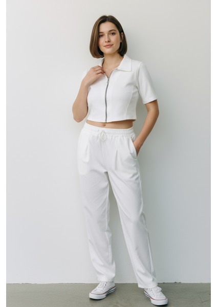 Kadın Fermuarlı Crop Üst & Beli Lastikli Pensli Rahat Kesim Ikili Takım - Beyaz indirimleri