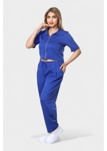 Polo Yaka Ferumar Detaylı Cepli Pamuklu Tüylenmez Rahat Kalıp Bluz ve Pantolon Takım - Mavi fiyatları