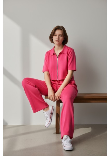 Kadın Fermuarlı Crop Üst & Beli Lastikli Pensli Rahat Kesim Ikili Takım - Pembe fiyatları