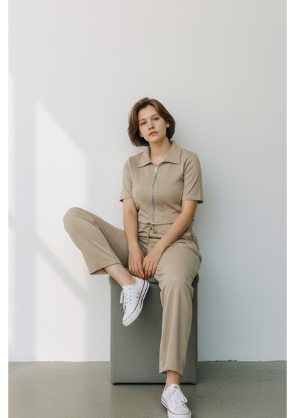 Kadın Fermuarlı Crop Üst & Beli Lastikli Pensli Rahat Kesim Ikili Takım - Bej