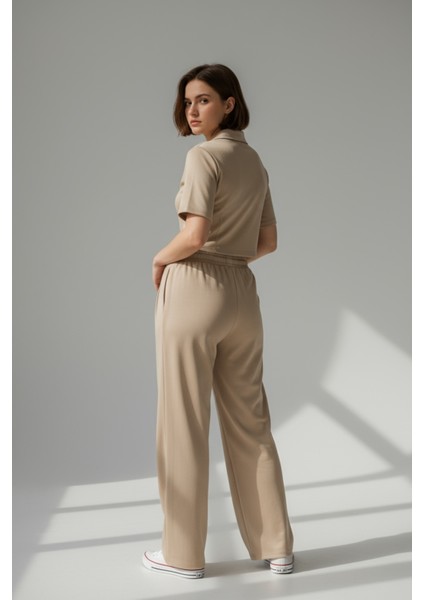 Kadın Fermuarlı Crop Üst & Beli Lastikli Pensli Rahat Kesim Ikili Takım - Bej fiyatları