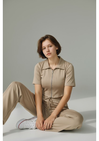 Kadın Fermuarlı Crop Üst & Beli Lastikli Pensli Rahat Kesim Ikili Takım - Bej modelleri