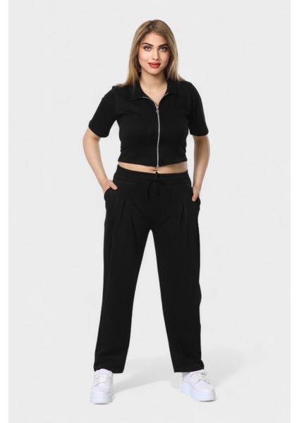 Polo Yaka Ferumar Detaylı Cepli Pamuklu Tüylenmez Rahat Kalıp Bluz ve Pantolon Takım - Siyah fiyatları