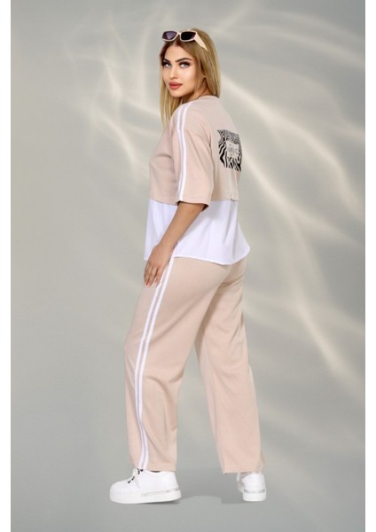 Kadın Spor-Şık Takım – Düğme Detaylı Üst & Yan Şeritli Pantolon - Bej modelleri