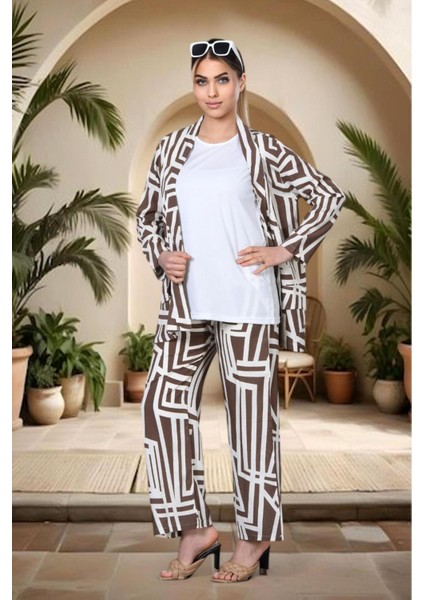 3 Parça Geometrik Desenli Takım – Yazlık Şıklığın Yeni Hali” - Kahverengi fiyatları