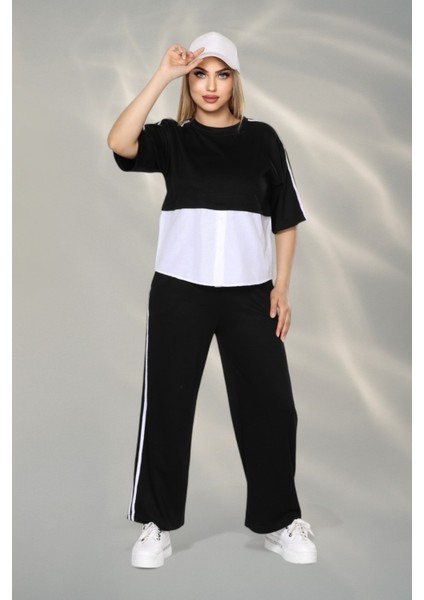 Kadın Spor-Şık Takım – Düğme Detaylı Üst & Yan Şeritli Pantolon - Siyah