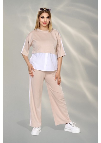 Kadın Spor-Şık Takım – Düğme Detaylı Üst & Yan Şeritli Pantolon - Bej