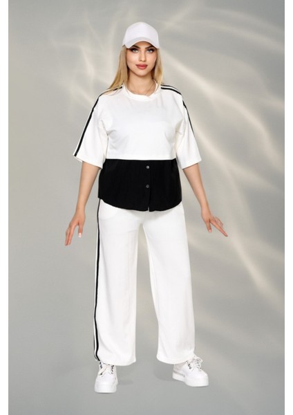 Kadın Spor-Şık Takım – Düğme Detaylı Üst & Yan Şeritli Pantolon - Beyaz