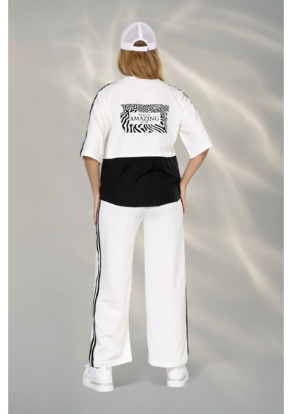 Kadın Spor-Şık Takım – Düğme Detaylı Üst & Yan Şeritli Pantolon - Beyaz modelleri