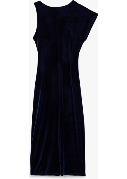 Aksesuarlı Kolsuz Yırtmaçlı Asimetrik Kruvaze Midi Boy Kadife Elbise fiyatları