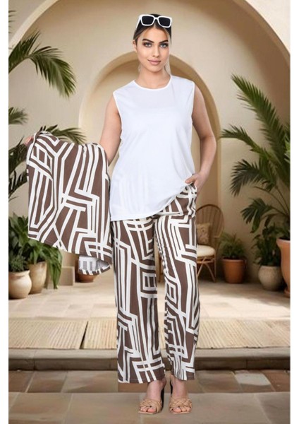 3 Parça Geometrik Desenli Takım – Yazlık Şıklığın Yeni Hali” - Kahverengi modelleri