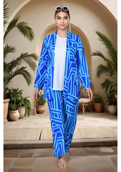3 Parça Geometrik Desenli Takım – Yazlık Şıklığın Yeni Hali” - Mavi fiyatları