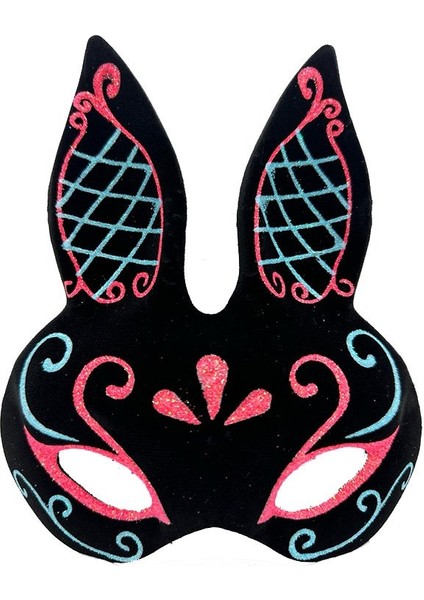 Siyah Renk Mavi Kırmızı Simli Siyah Süet Kaplama Tavşan Maskesi 18X16 cm