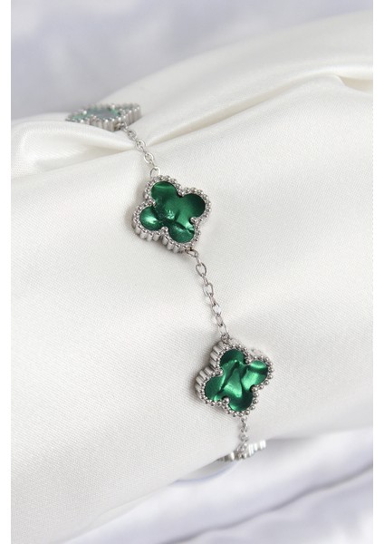 316L Çelik Sedefli Zümrüt Yeşil Gümüş Renk Yonca Kadın Bileklik - Lisinya