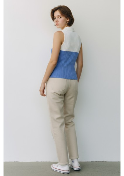 Çift Renk Yumşak Dokulu Polo Yaka V Kesim Kolsuz Triko Bluz fiyatları