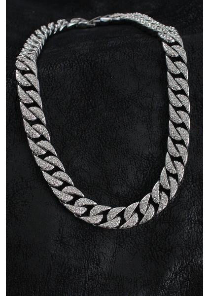 Pirinç Zirkon Taşlı Cuba Gurmet Gümüş Renk Erkek Kolye - Lisinya