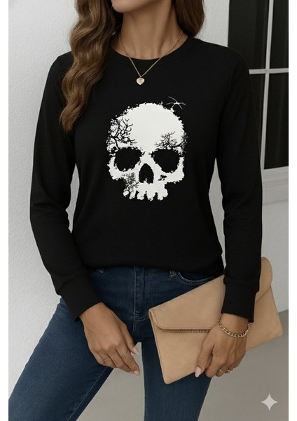 Cottonlab Kadın Uzun Kollu Bisiklet Yaka Kurukafa Desenli Viskon Bluz