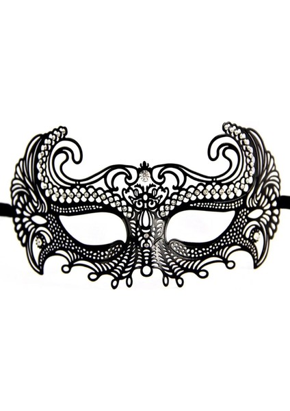 Siyah Renk Lazer Kesim Üzeri Kristal Taşlı Metal B Parti Venedik Maskesi