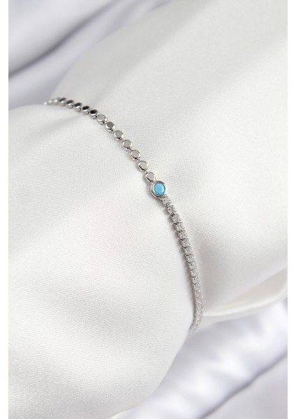 Pirinç Zirkon Taşlı Boncuk Ezme Zincir Gümüş Renk Kadın Bileklik - Lisinya