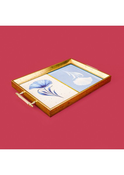 Kitchen Çiçek Desenli Ahşap Dikdörtgen Tepsi - Mavi / Krem - 43 cm