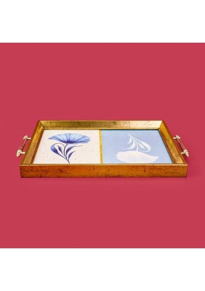 Kitchen Çiçek Desenli Ahşap Dikdörtgen Tepsi - Mavi / Krem - 43 cm fiyatları