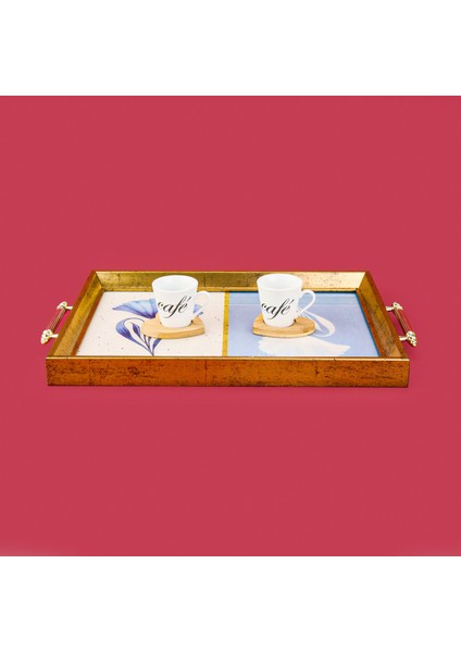 Kitchen Çiçek Desenli Ahşap Dikdörtgen Tepsi - Mavi / Krem - 43 cm modelleri