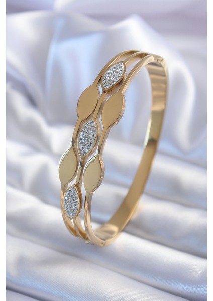 316L Çelik Renk Arpa Zirkon Taş Detay Kadın Kelepçe Bileklik - Lisinya