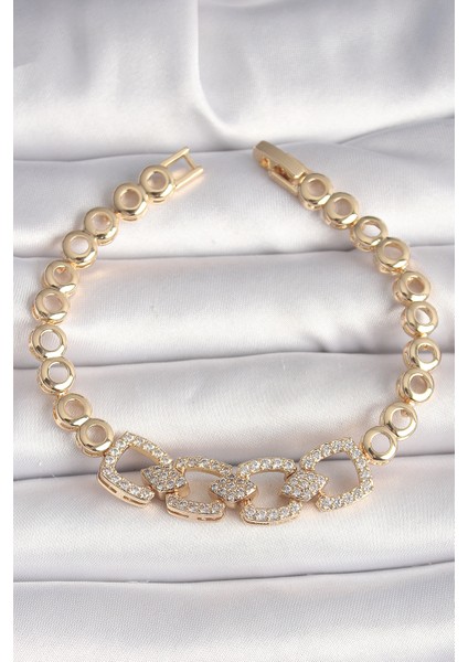 Pirinç Renk Zirkon Taşlı Daire Zincir Kadın Bileklik - Lisinya