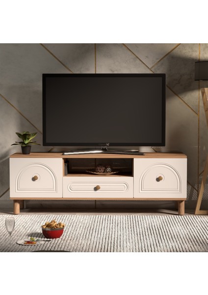Begonya 3 Kapaklı ve Raflı Tv Ünitesi - Atlantik Çam / Beyaz - 53X41X150 cm