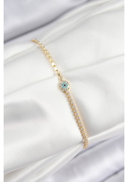 Pirinç Zirkon Taşlı Nazar Ezme Zincir Renk Kadın Bileklik - Lisinya