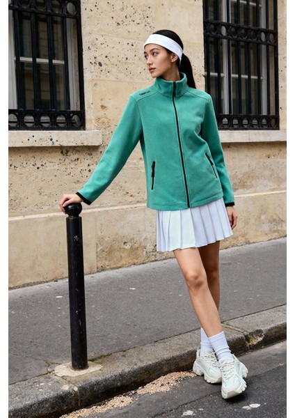 Deniz Yeşili Dik Yaka Fermuarlı Rahat Form Kadın Polar Sweatshirt - 97173