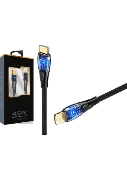 45W Usb-C Işıklı Şeffaf Kablo Hızlı Şarj, Dayanıklı Tasarım, Iphone ve Ipad Uyumlu ( Lisi