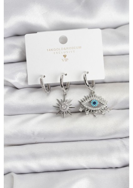 Göz Gümüş Renk Pirinç 3'lü Kadın Küpe Seti - Lisinya