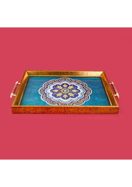 Kitchen Çiçek Desenli Ahşap Dikdörtgen Tepsi - Mavi - 43 cm