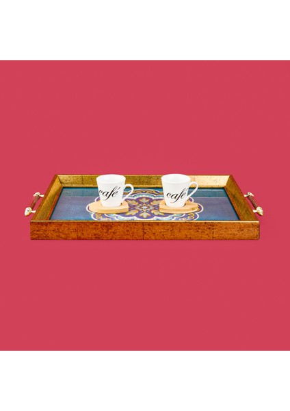 Kitchen Çiçek Desenli Ahşap Dikdörtgen Tepsi - Mavi - 43 cm fiyatları