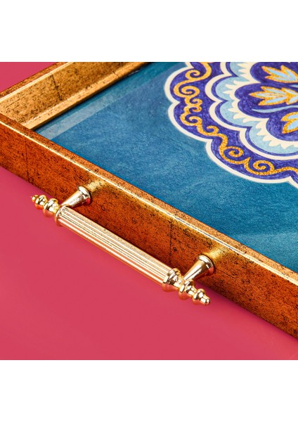 Kitchen Çiçek Desenli Ahşap Dikdörtgen Tepsi - Mavi - 43 cm fırsatları