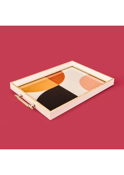 Kitchen Yuvarlak Desenli Ahşap Dikdörtgen Tepsi - Turuncu / Krem - 43 cm