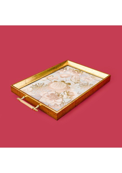 Kitchen Kuş ve Çiçek Desenli Ahşap Dikdörtgen Tepsi - Yeşil - 43 cm